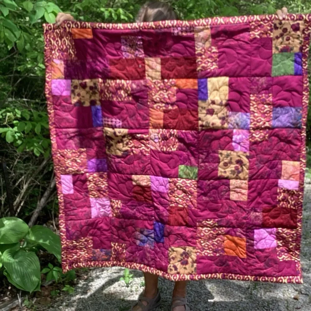 NWT. Hand Crafted Maroon/Wine Mixed Prints Lap Quilt